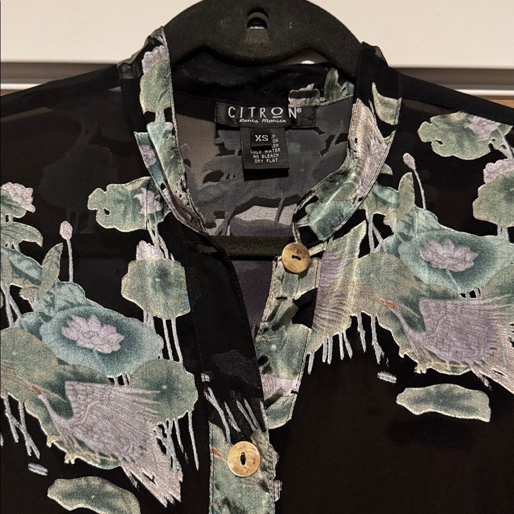 Citron Santa Monica Silk Blend Tunic Blouse Top Womens XS Burnout dark floral - Picture 3 of 14